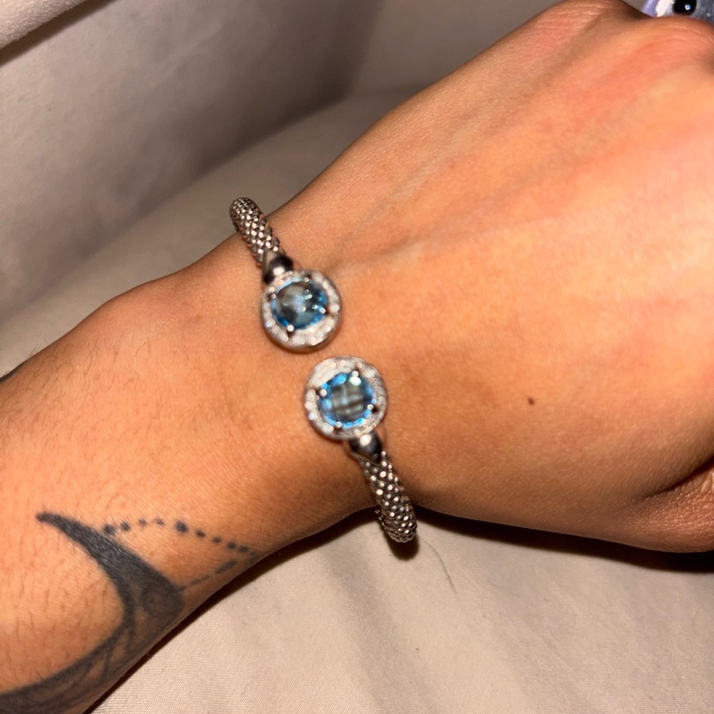 Blue topaz and diamond sterling silver bangle